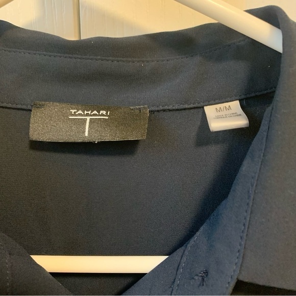 TAHARI Navy Ruffle Trim Button Front 100% Polyester Blouse - Picture 3 of 6